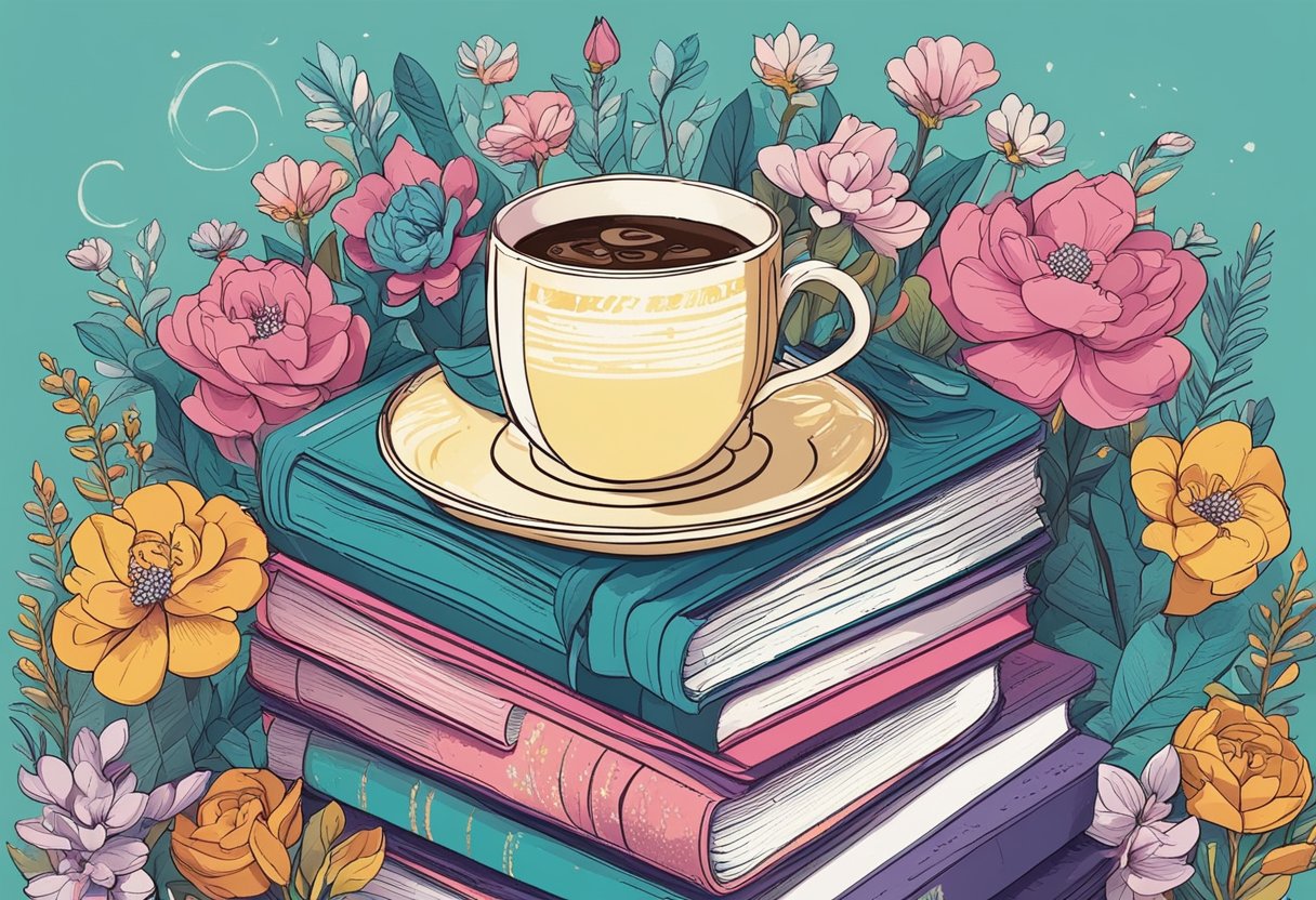 A stack of colorful books with quotes on them, surrounded by flowers and a cup of coffee