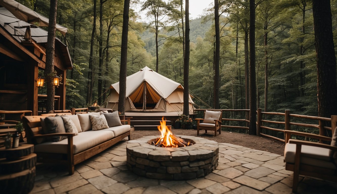 A luxurious glamping site in Gatlinburg, with spacious tents, cozy fire pits, and stunning mountain views