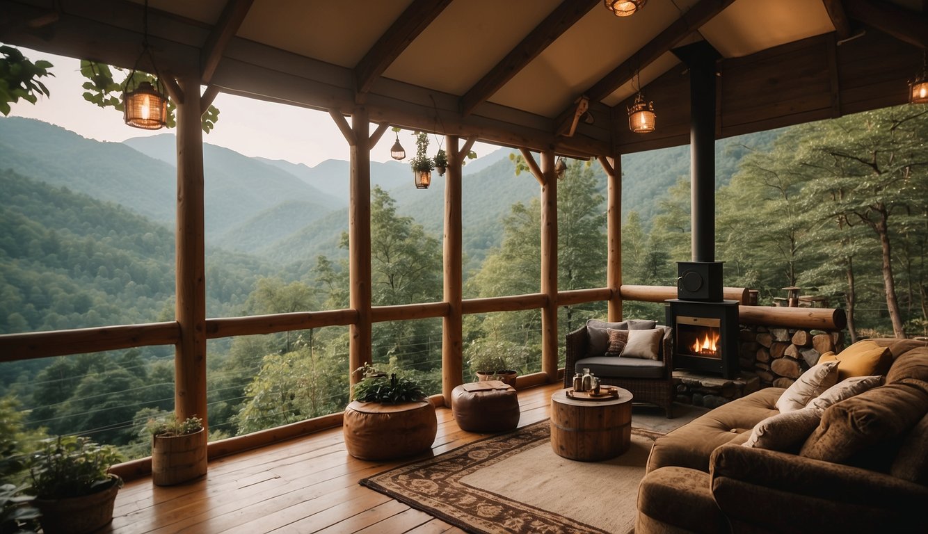 A cozy glamping site nestled in the lush forests of Gatlinburg, with a bubbling stream and towering mountains in the background
