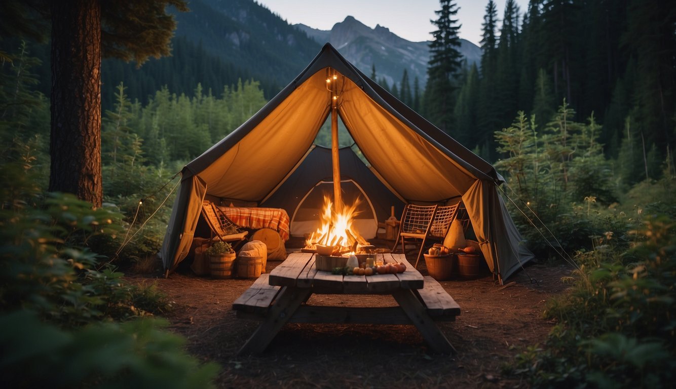 A cozy tent nestled in the lush forest, with a crackling campfire and twinkling string lights. A picnic table set for a gourmet meal, surrounded by towering trees and a serene mountain backdrop