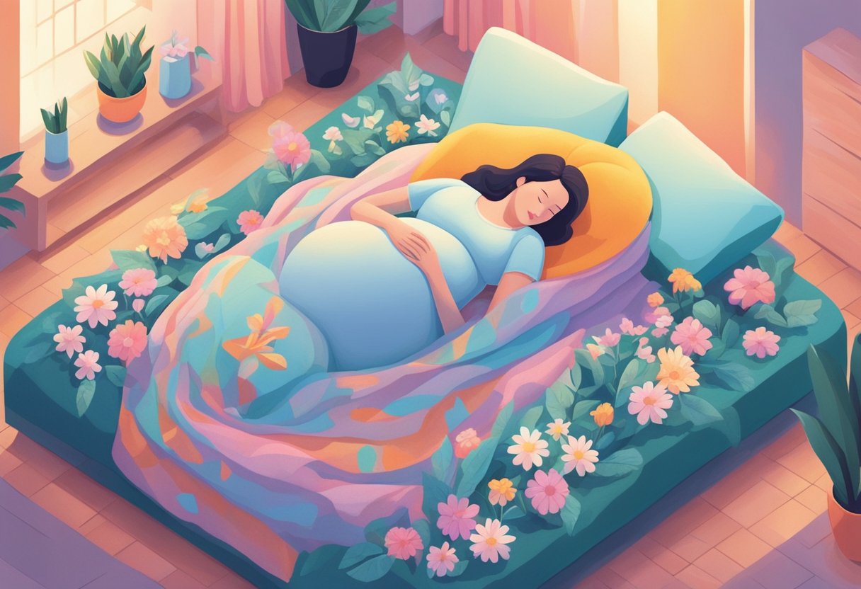 A glowing pregnant belly with a quote overlay, surrounded by soft, comforting elements like pillows, blankets, and flowers