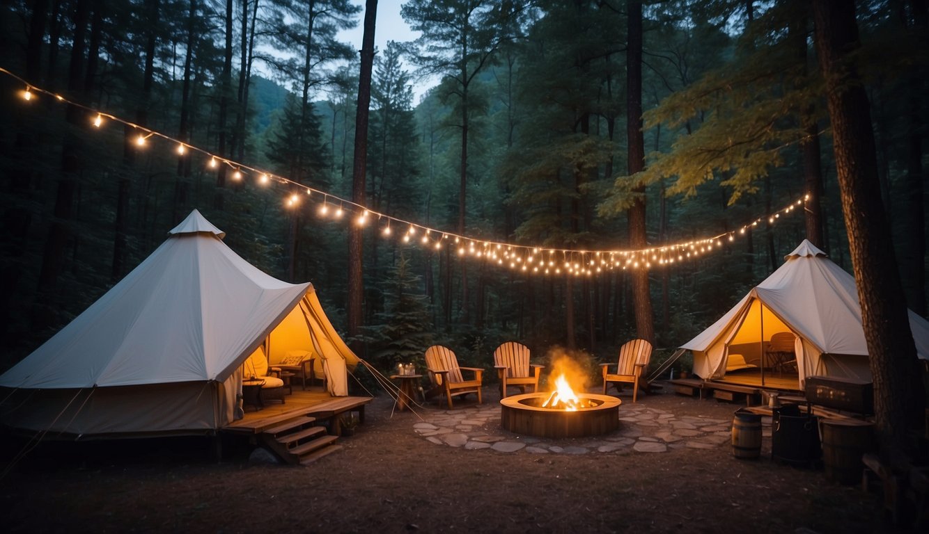 A cozy glamping site in Gatlinburg, with luxurious tents nestled among the trees, a crackling campfire, and twinkling fairy lights illuminating the night sky