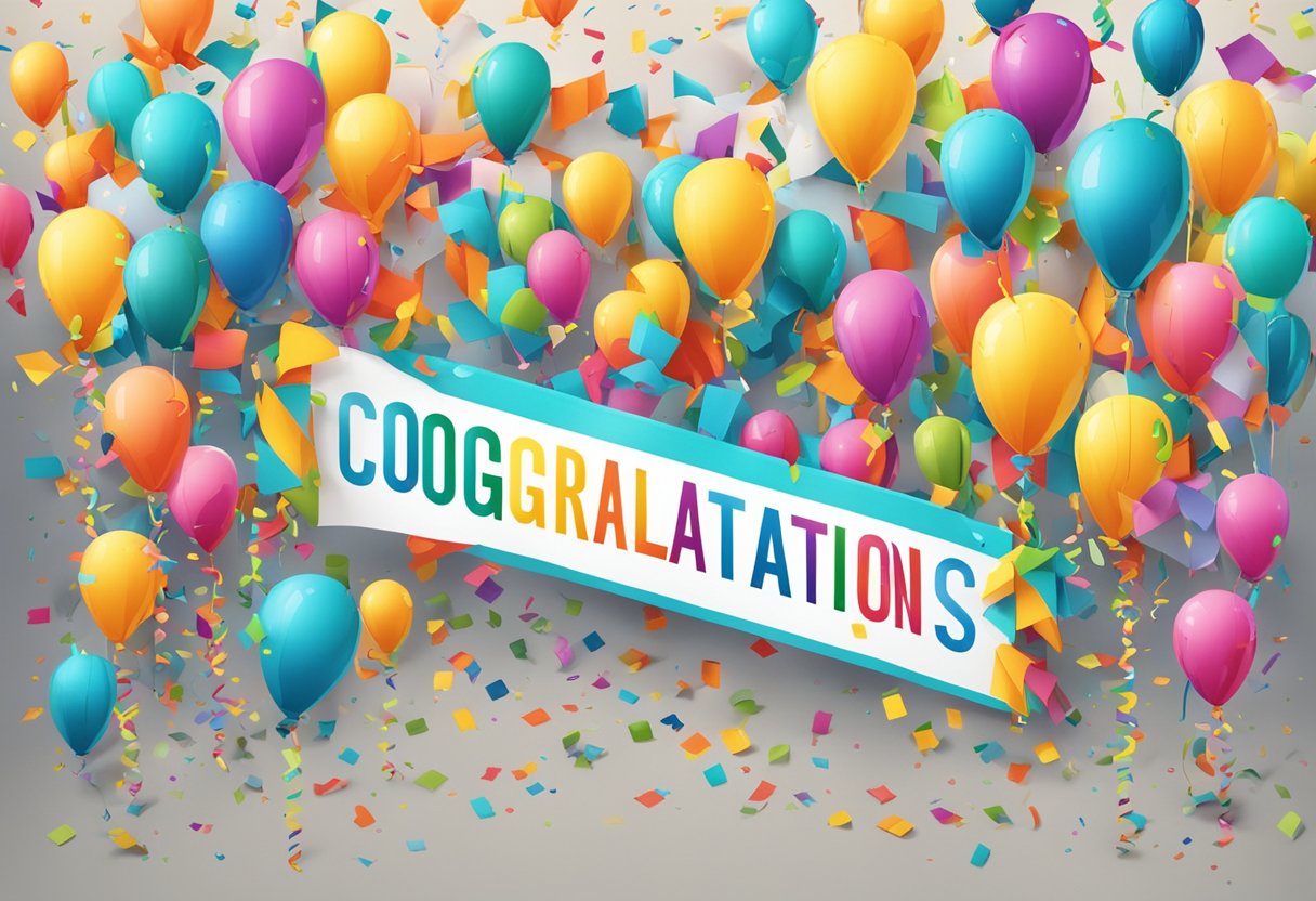 Colorful confetti falls around a banner with "Congratulations!" in bold letters. Streamers decorate the scene, and balloons fill the air with celebration