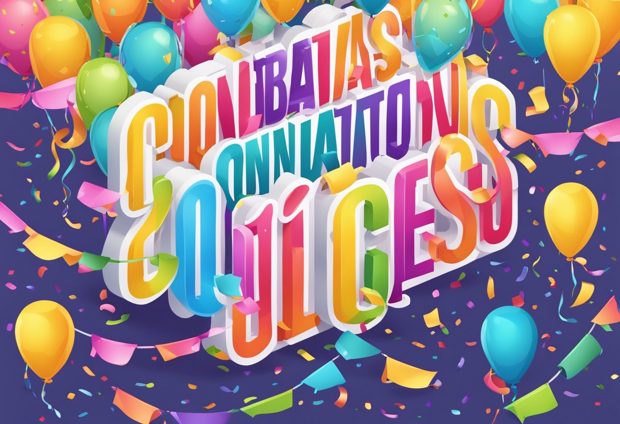 A colorful banner with "Congratulations Quotes 1-25" hangs above a stack of celebratory cards and confetti, surrounded by festive streamers and balloons