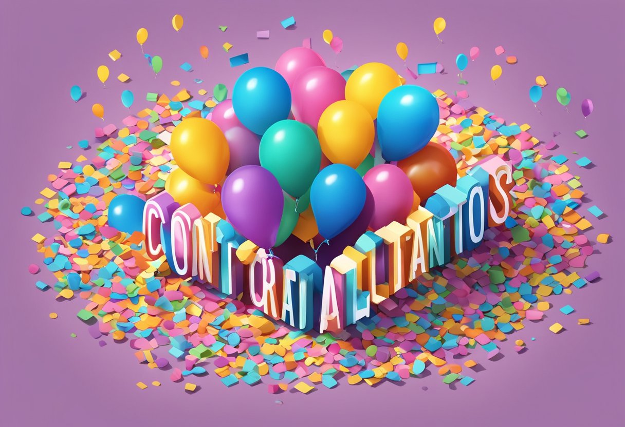 A pile of colorful confetti and balloons scattered around a large banner with the words "Congratulations" in bold, celebratory font
