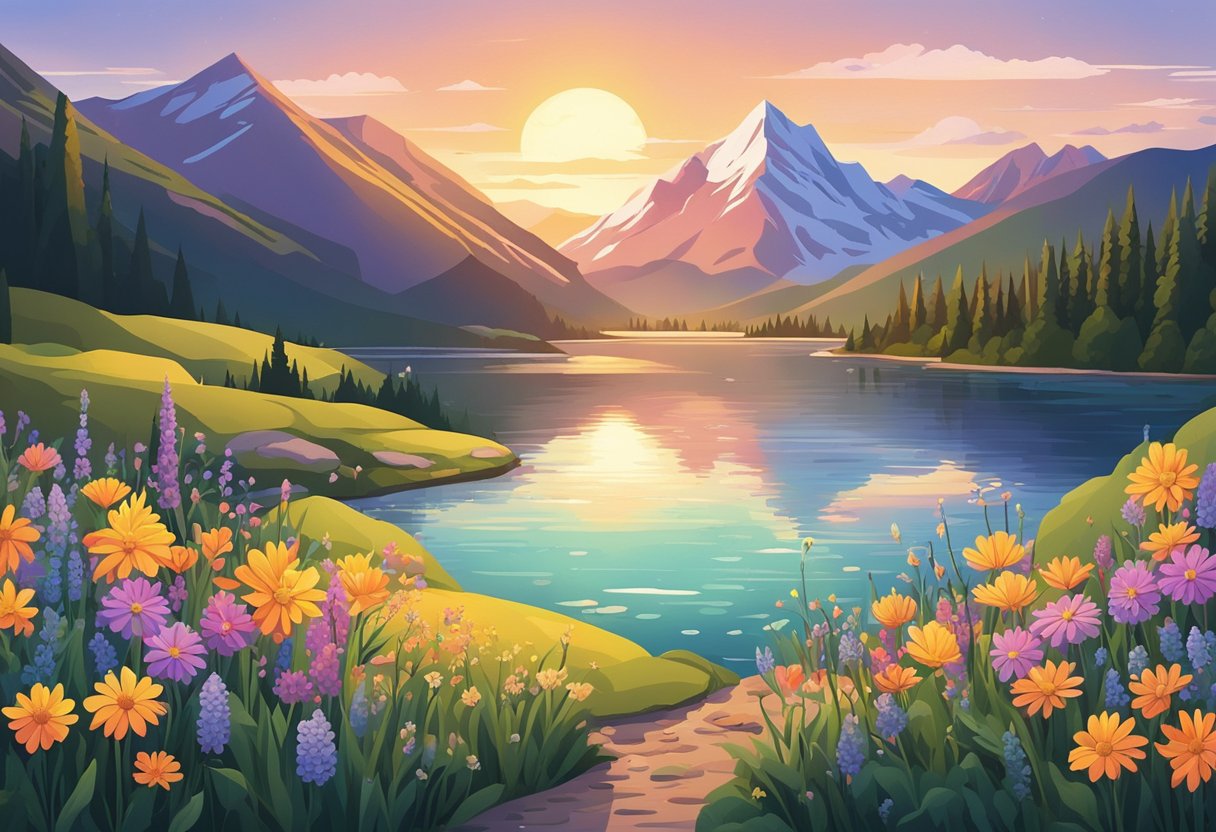 A serene lakeside with colorful wildflowers and a majestic mountain backdrop. The sun is setting, casting a warm glow over the peaceful scene