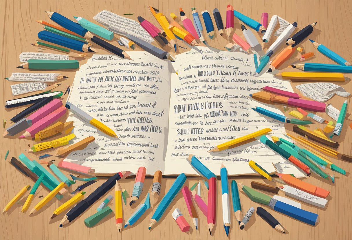 A pile of 25 handwritten quotes lies on a wooden table, surrounded by scattered pens and pencils. The quotes are varied in style and color, with some crumpled and others neatly laid out