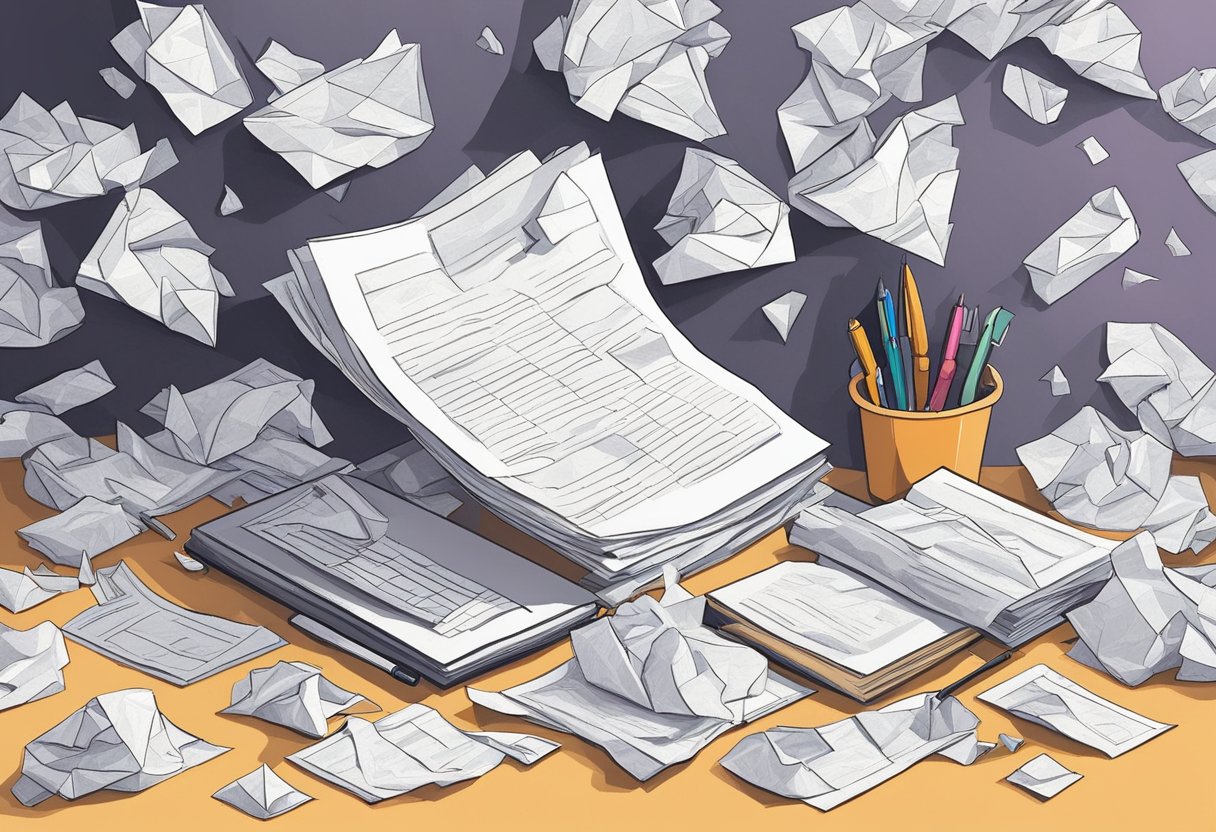 A pile of crumpled papers scattered on the floor, with a pen lying next to them. A desk lamp casts a soft glow over the scene