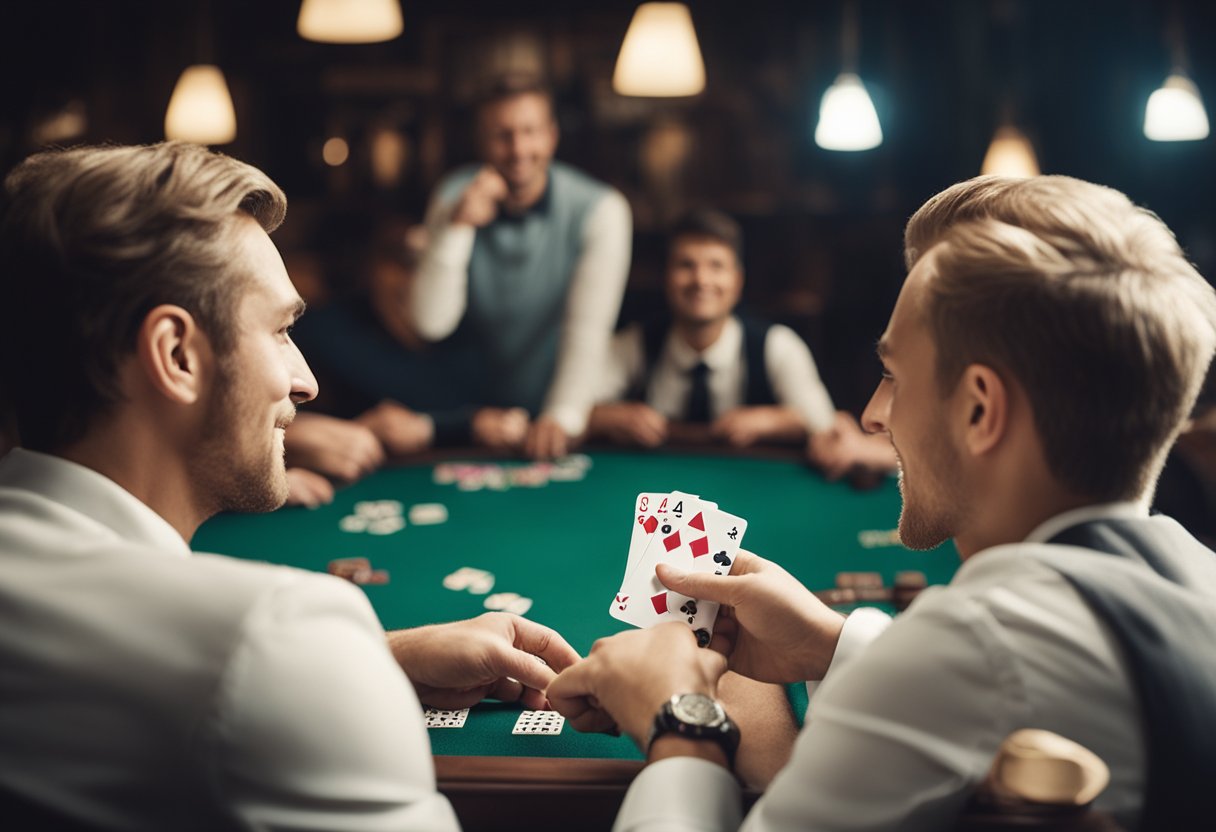Two players lay down their winning hands in a game of rummy, with a triumphant expression on their faces