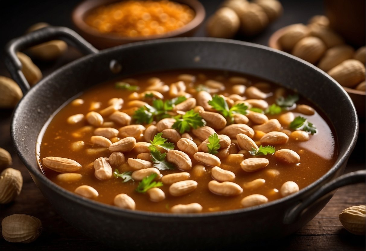 A pot of peanuts simmering in a spicy cajun broth, with ingredients like garlic, cayenne pepper, and bay leaves scattered around