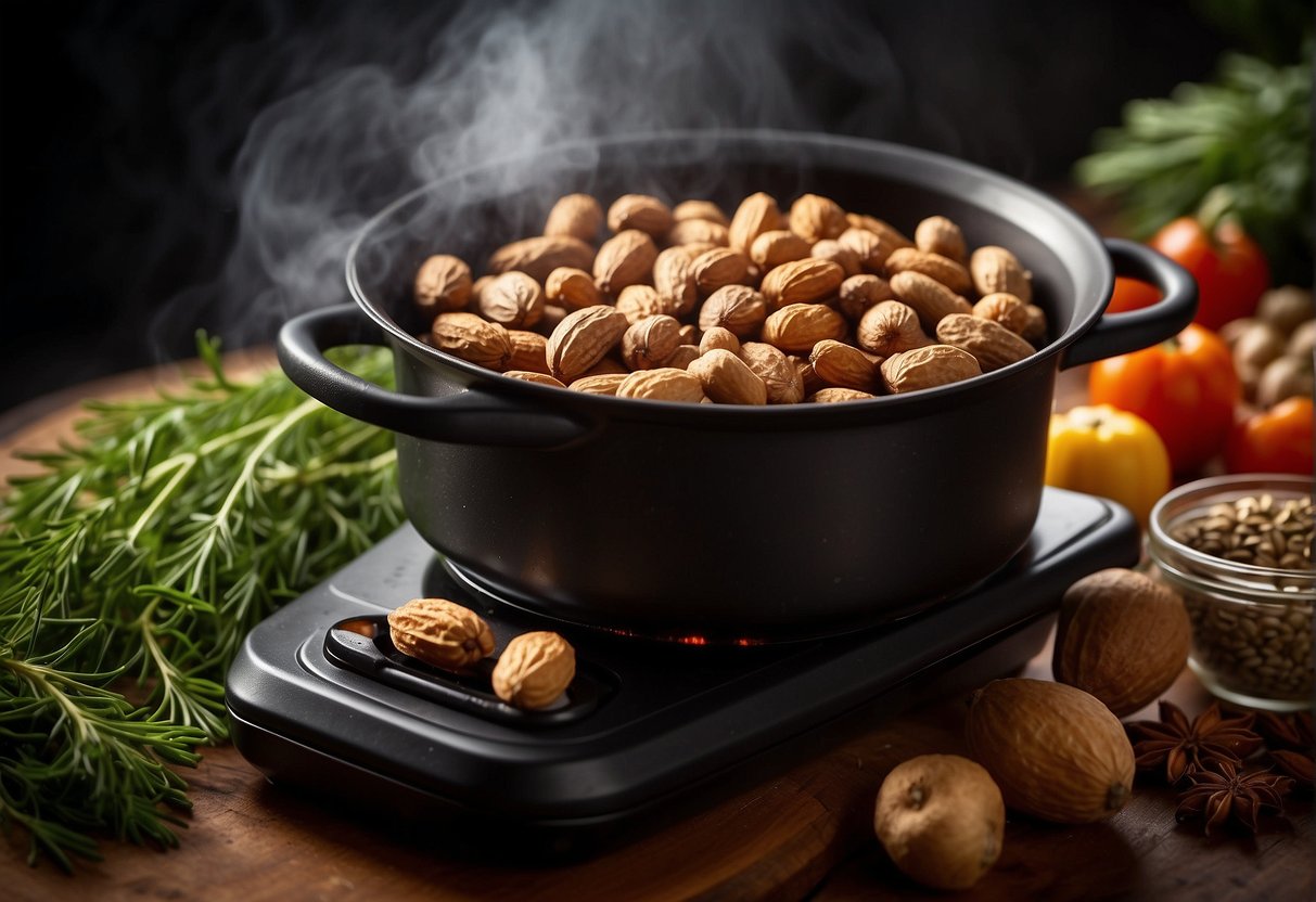 A pot of cajun boiled peanuts simmering on a stovetop, surrounded by aromatic spices and herbs. The steam rises from the pot, creating a tantalizing scene