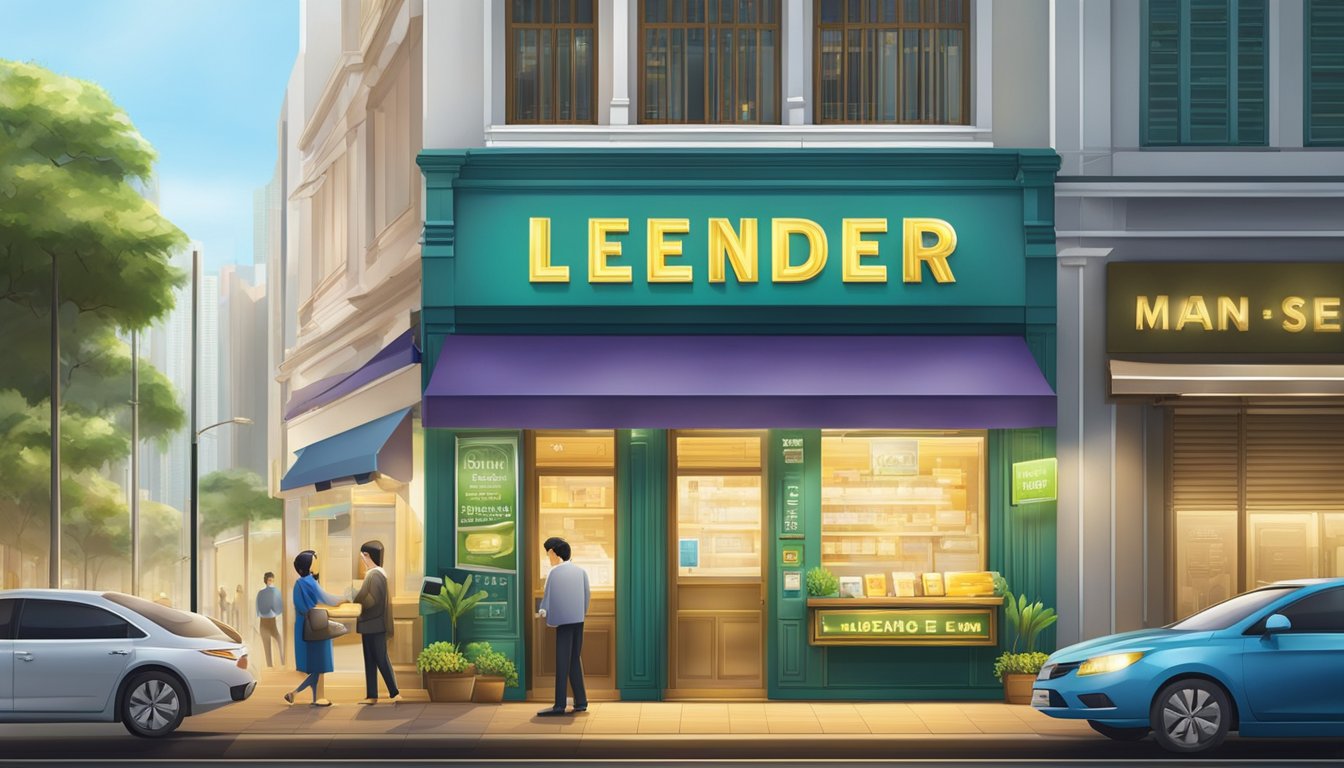 A licensed money lender's sign shines brightly in the bustling streets of Singapore. The storefront exudes professionalism and reliability
