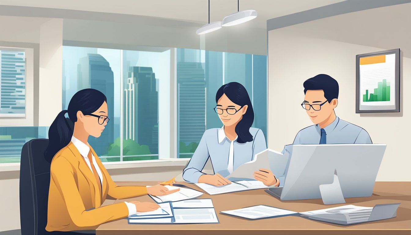 A licensed money lender in Singapore reviews loan applications. The lender assesses documents and discusses terms with clients. The office is organized and professional, with a focus on providing quick credit