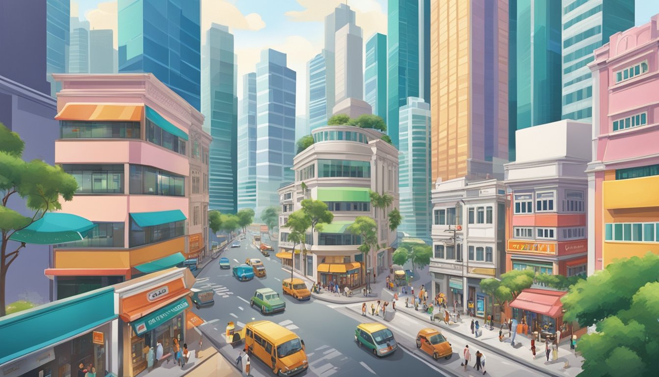 A bustling cityscape with bank buildings, pawnshops, and licensed moneylender offices lining the streets of Singapore, showcasing the diverse financial landscape