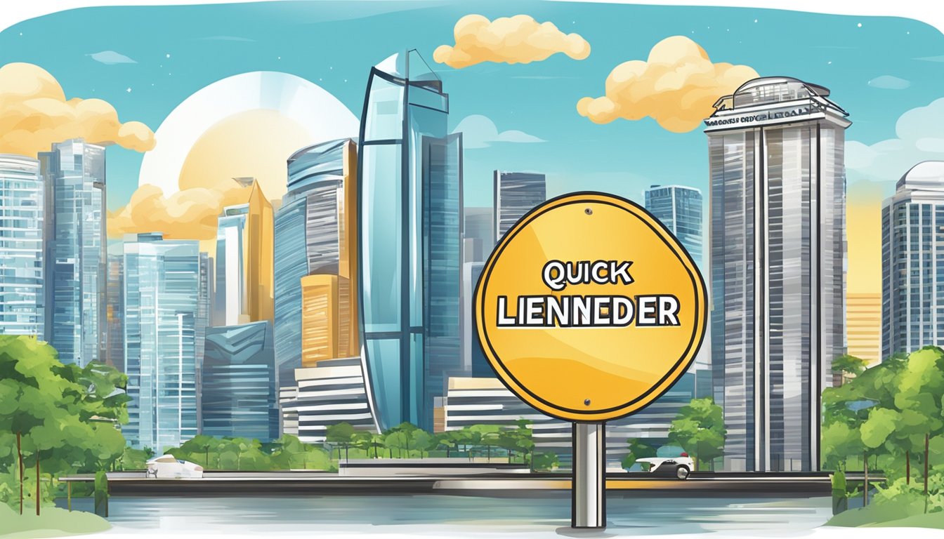 A signboard with "Quick Credit" and "Licensed Moneylender" in Singapore, surrounded by a modern cityscape