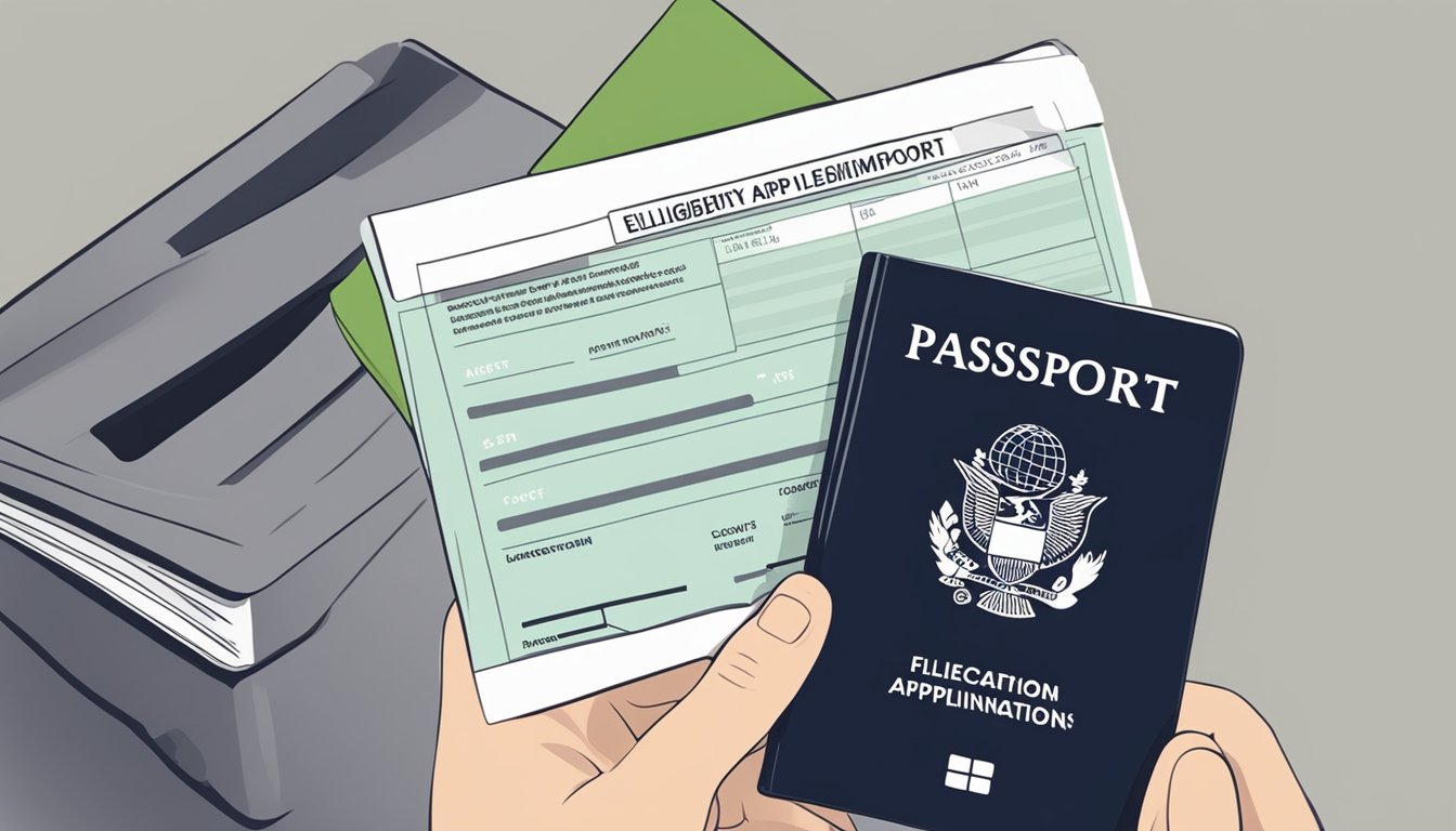 A hand holding a passport and a filled-out application form, with a sign indicating "Eligibility and Application" at a licensed money lender in Singapore