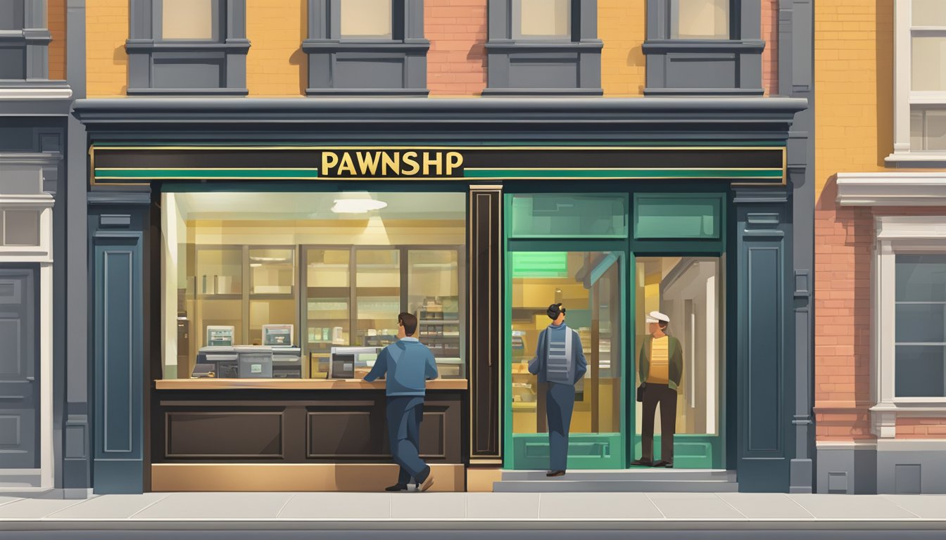 A pawnshop sign hangs above a storefront, contrasting with sleek bank buildings. Customers enter, exchanging items for cash