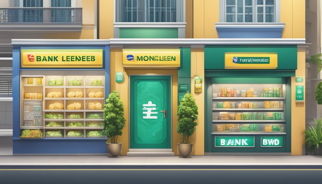 A licensed moneylender, bank, and pawnshop stand side by side in Singapore. Each has its own distinct signage and branding, showcasing the variety of options available for financial services in the city