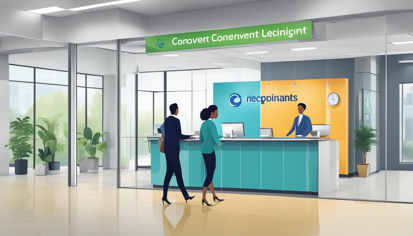 A customer entering a clean, modern office with a friendly receptionist. A sign reads "Convenient and Efficient Loan Services" with the Quick Credit logo