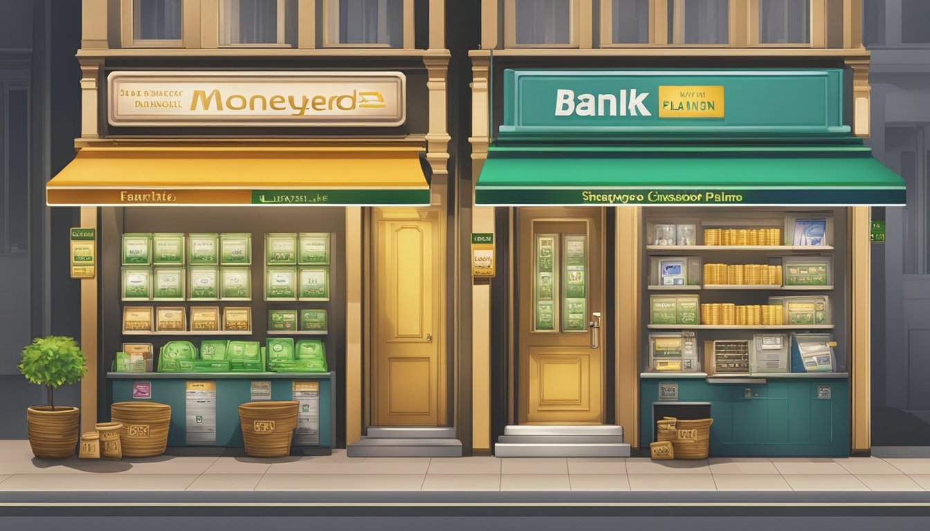 A licensed moneylender, bank, and pawnshop stand side by side in Singapore, each with their own distinct signage and branding, representing the different options for financial planning and management