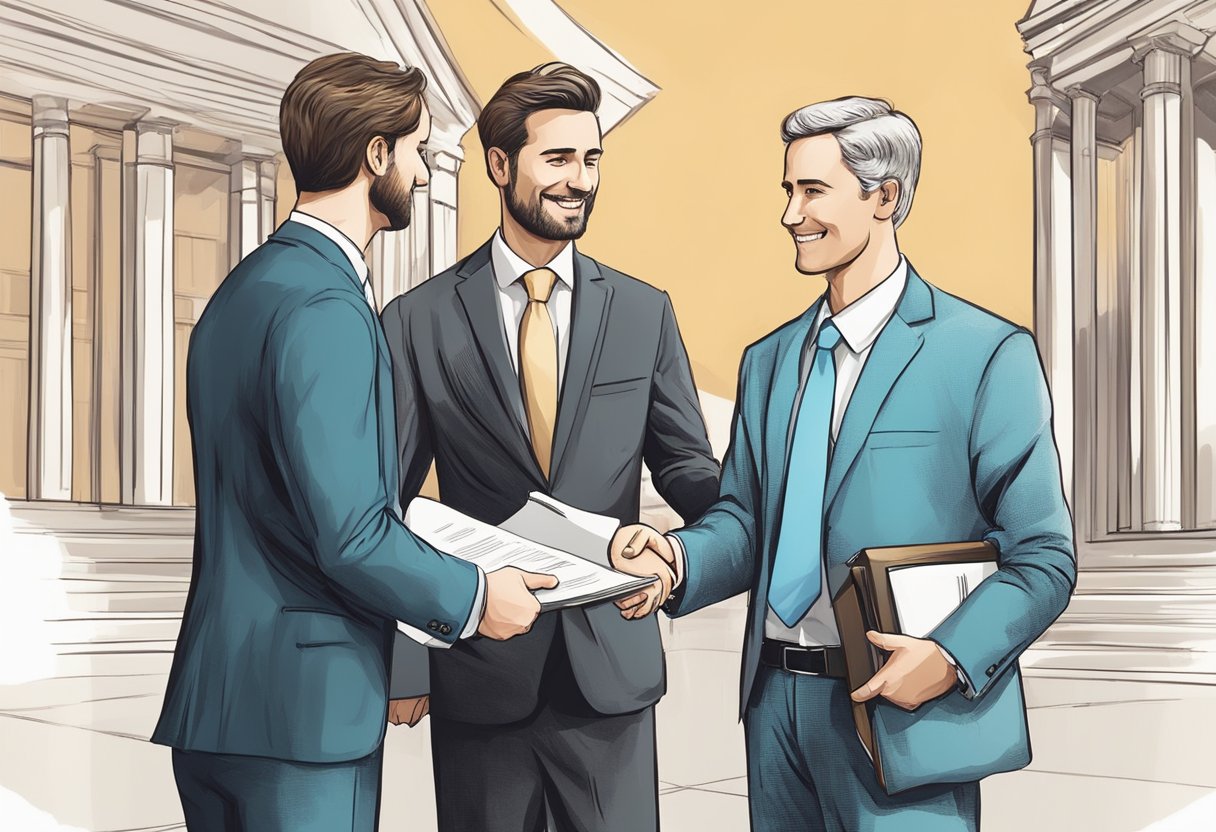 Two business partners shaking hands with a lawyer present, discussing a contract