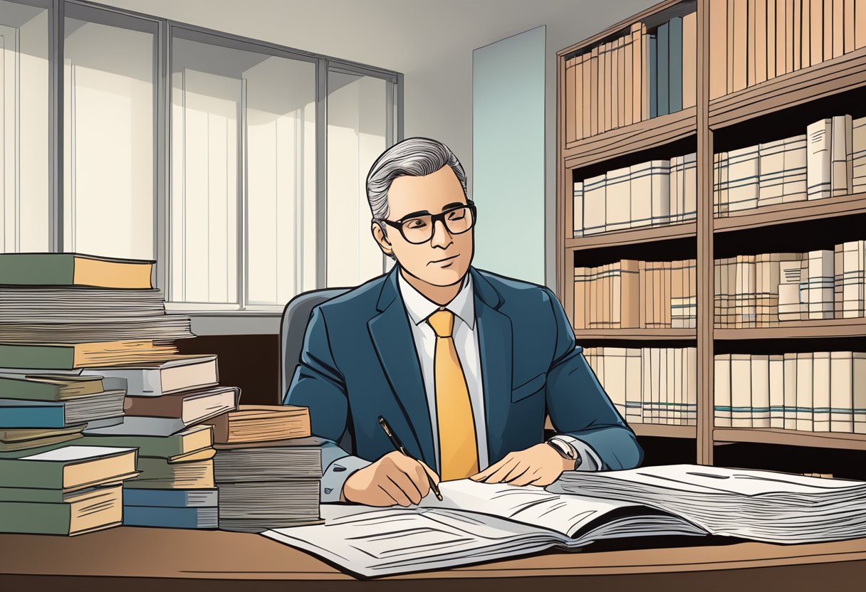 A lawyer reviewing partnership documents in an office, with a shelf of legal books in the background