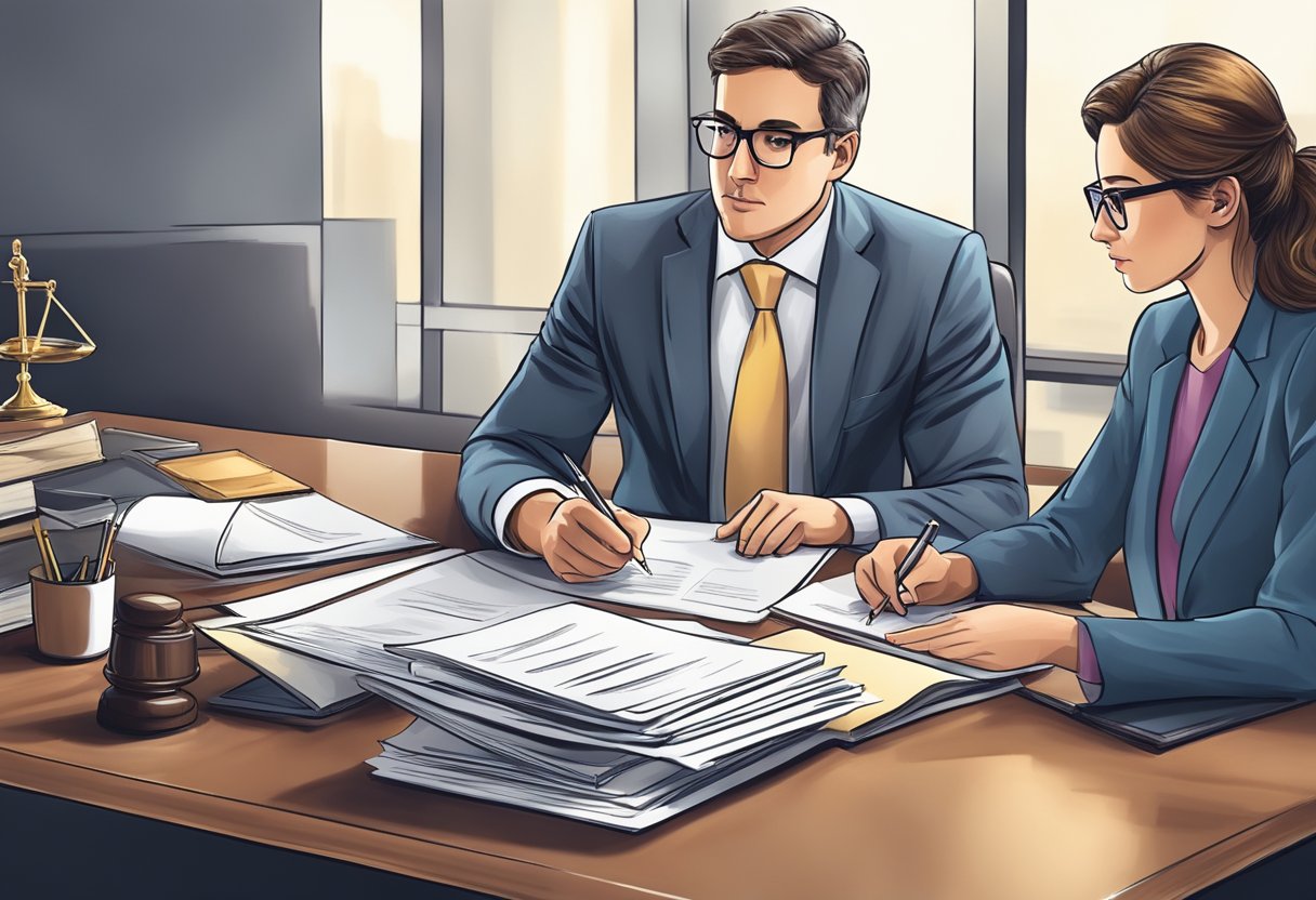 A business partnership attorney in a professional setting, consulting with clients, reviewing legal documents, and providing legal advice