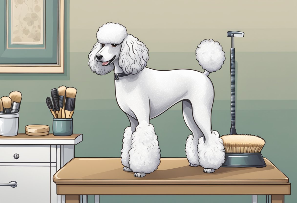 A poodle standing on a grooming table, receiving a gentle brush with a soft bristle brush to maintain a healthy and soft coat