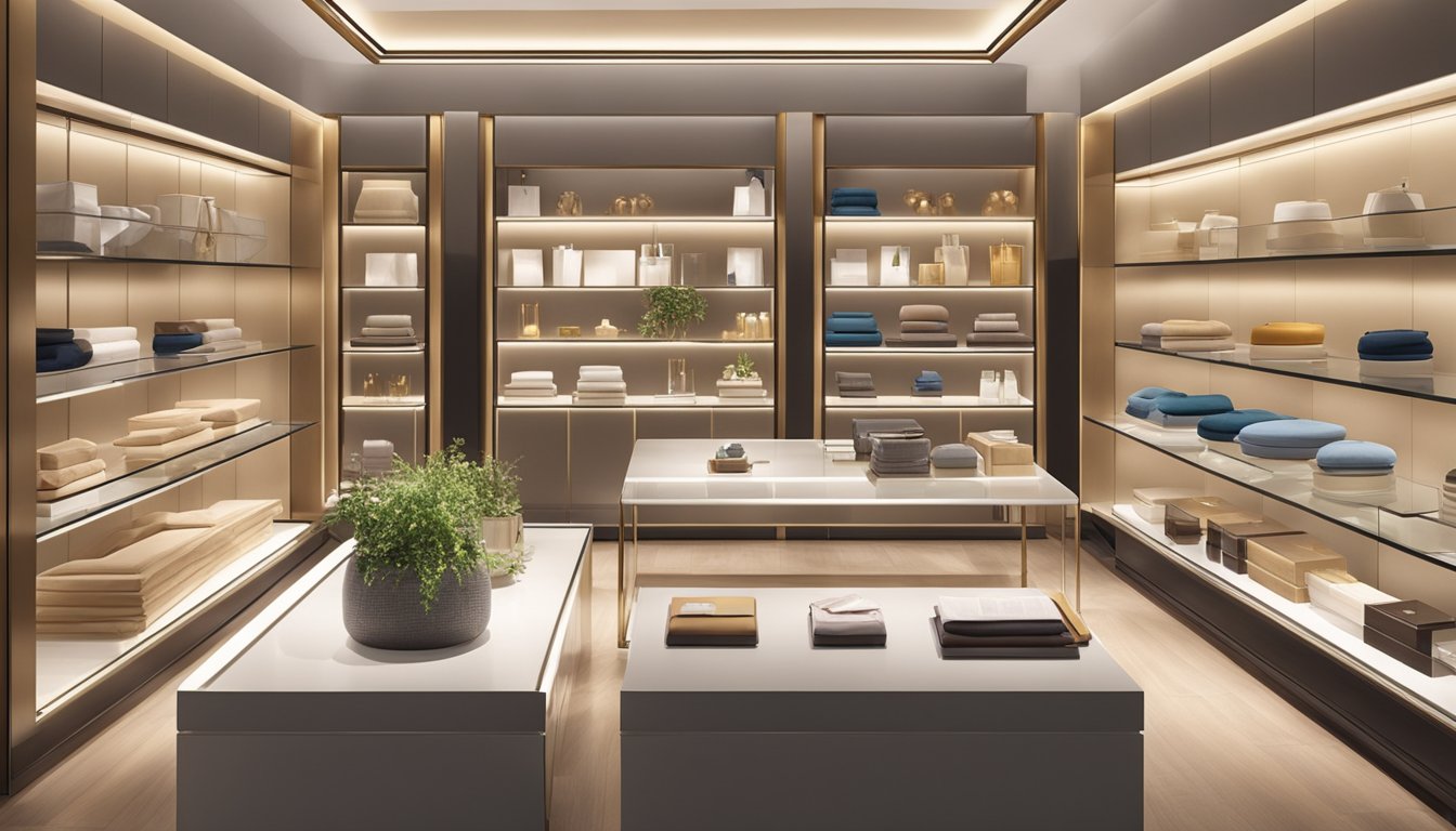 A sleek showroom displays English luxury brands' products on elegant shelves and tables, bathed in soft, warm lighting