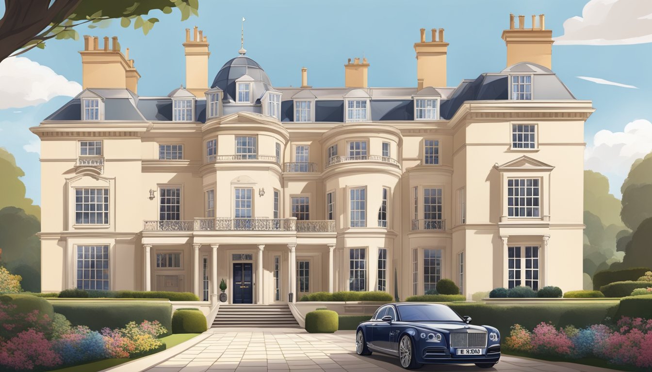 A grand British mansion with a sweeping driveway, adorned with Union Jack flags and the iconic logos of luxury fashion houses