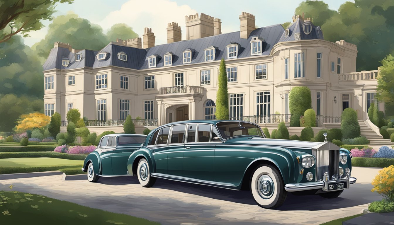 A grand English manor with ornate architecture, lush gardens, and a classic Rolls Royce parked in the driveway