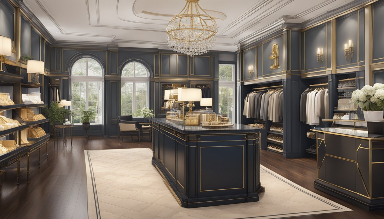A luxurious English retail space showcasing fine craftsmanship and upscale brands. Rich textures, elegant displays, and attention to detail create a sophisticated atmosphere