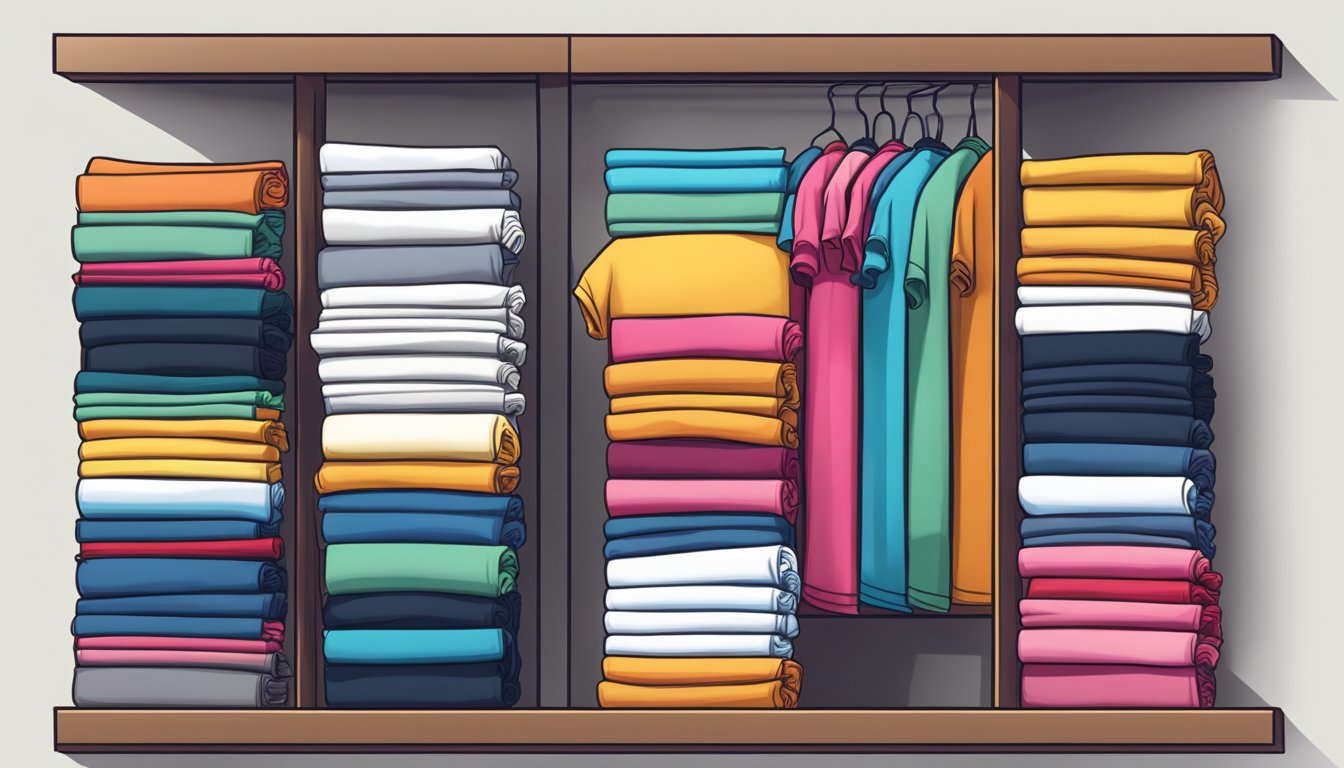 A stack of essential brand t-shirts neatly folded on a shelf, with various colors and sizes displayed