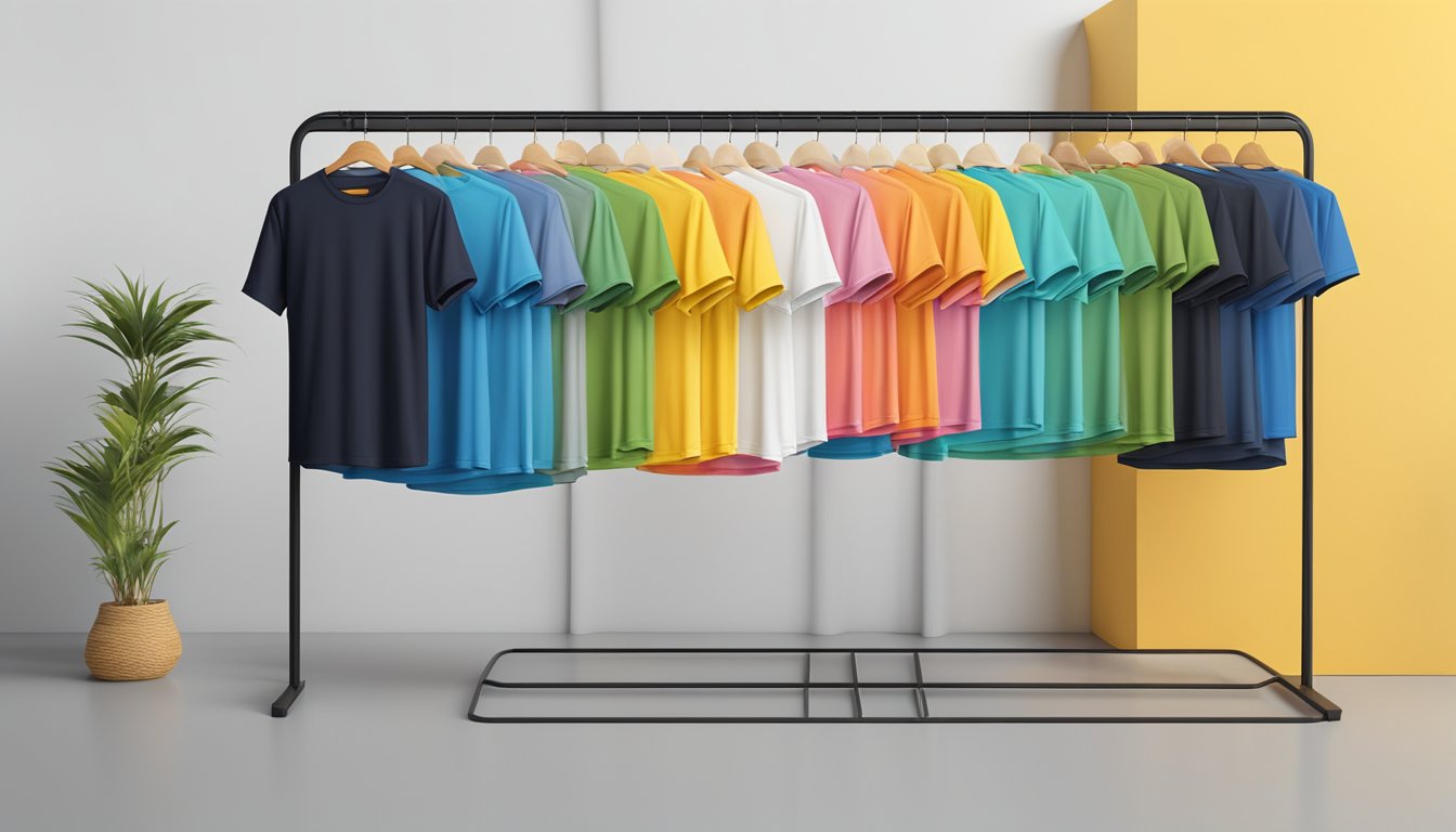A colorful display of Essential Tees brand t-shirts rising from a sleek, modern display stand