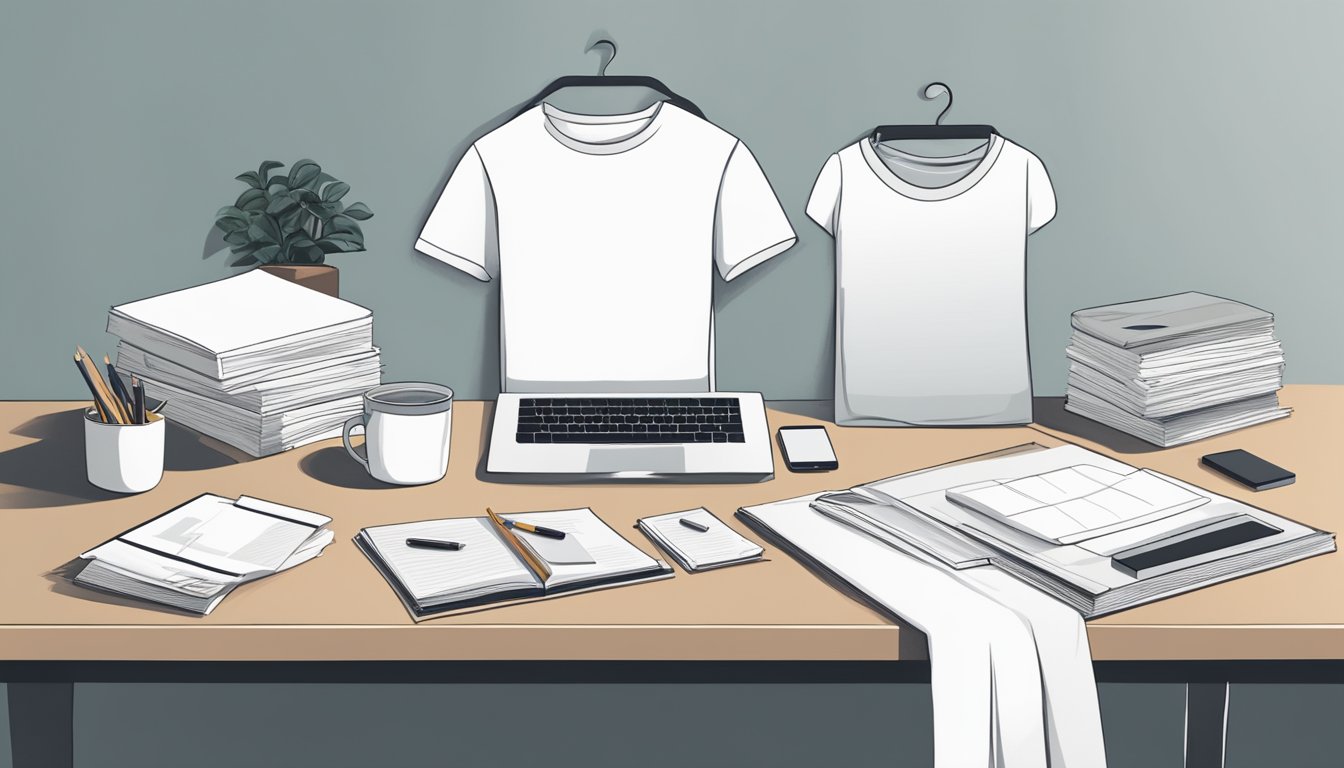 A clean, modern workspace with minimalistic decor and a mood board filled with inspirational images and quotes. A stack of blank t-shirts sits on a table, ready to be transformed into essential brand designs