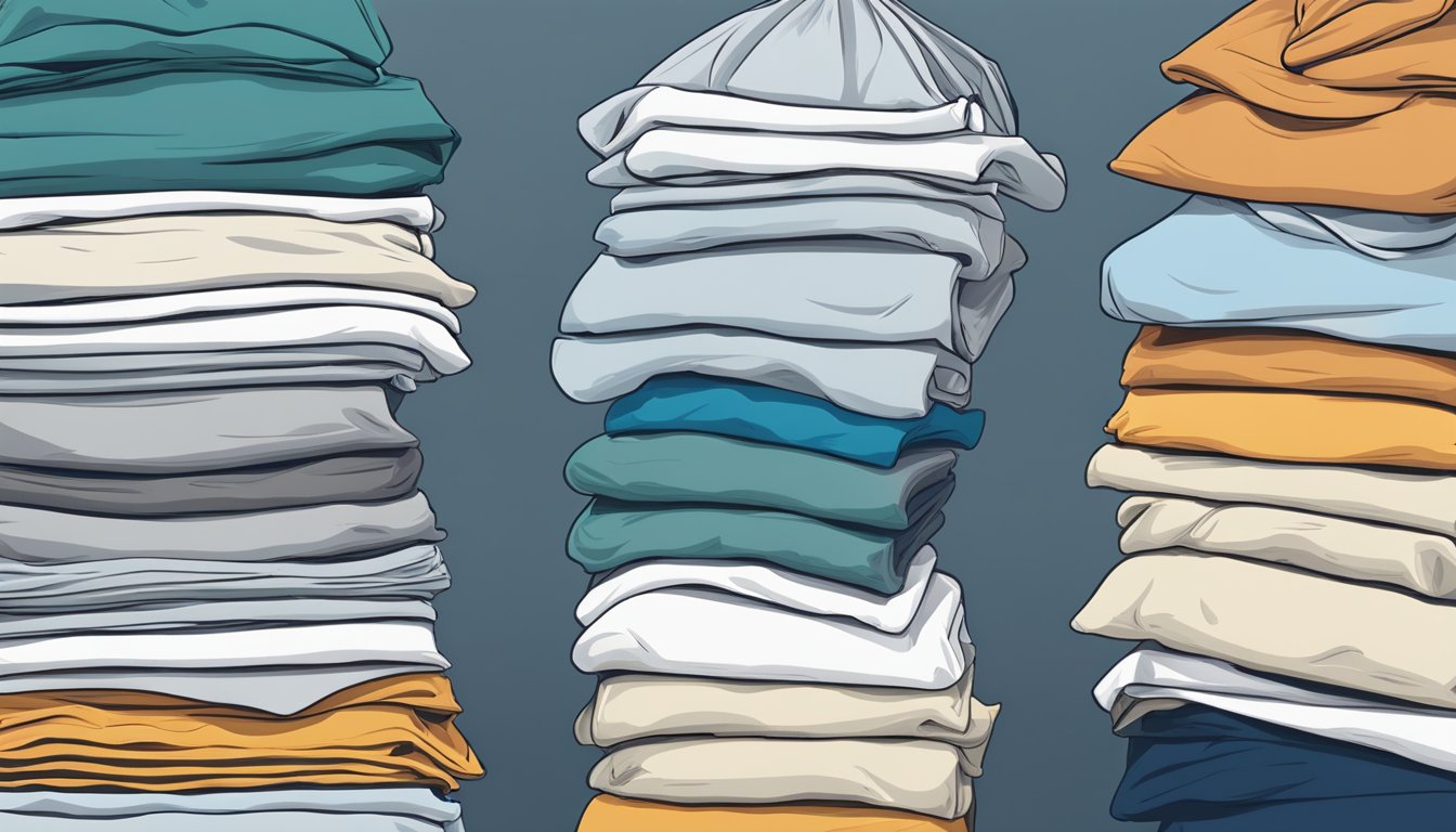 A stack of neatly folded Essential brand t-shirts, showcasing their high-quality material and craftsmanship