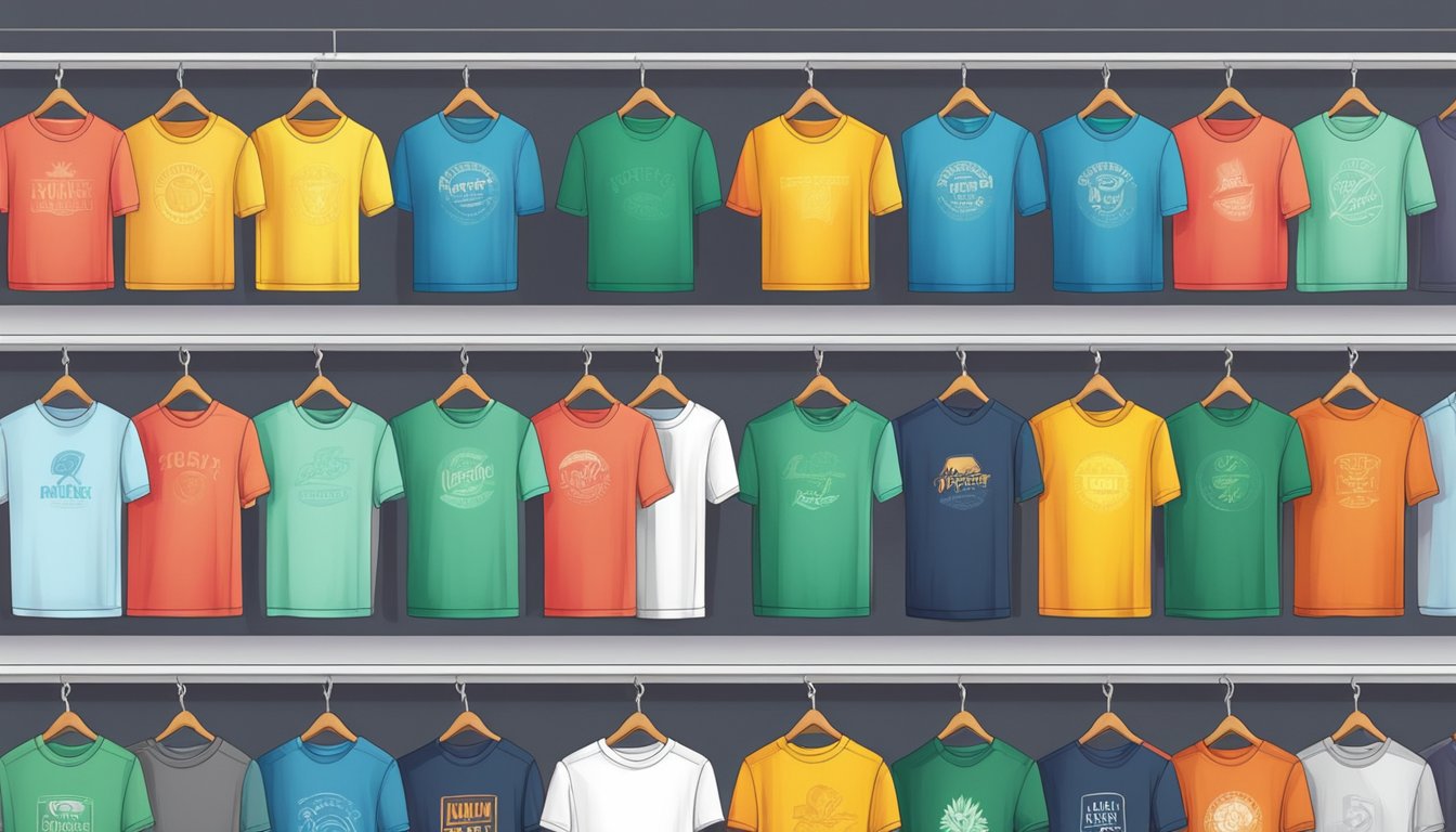 A row of colorful brand t-shirts displayed on shelves, showcasing their fit and versatility