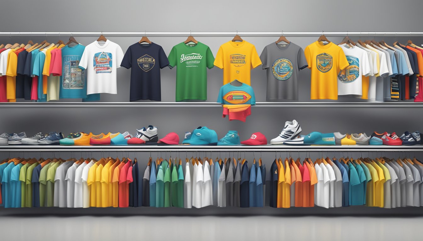 A display of iconic brand t-shirts and collections, arranged in a clean and organized manner, with bold and recognizable logos and designs