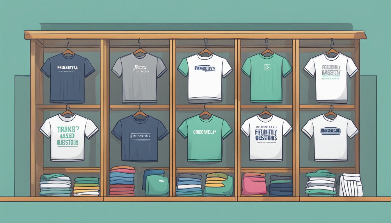 A neatly organized display of essential brand t-shirts with a sign reading "Frequently Asked Questions" above them
