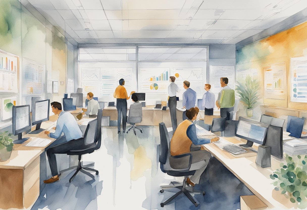 A busy office with people engaged in meetings, phone calls, and email exchanges. Charts and graphs are displayed on the walls, and a sense of productivity and collaboration is evident