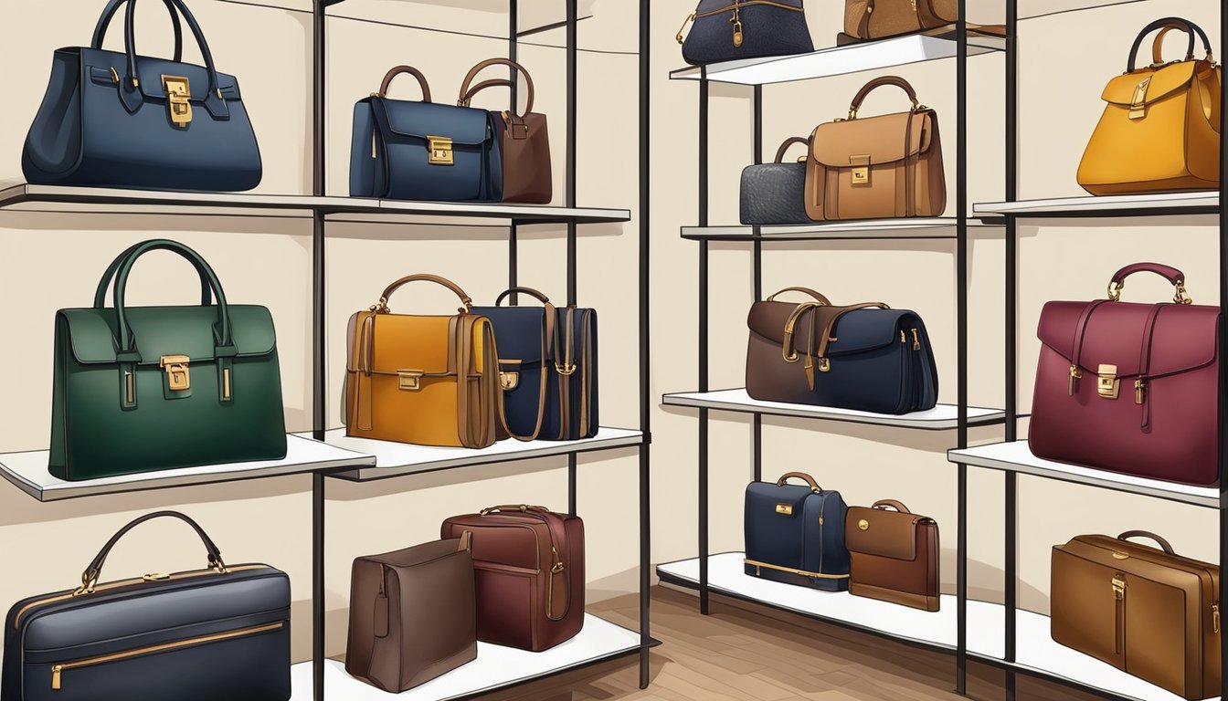 Luxurious bags from famous brands displayed on elegant shelves in a high-end boutique. Rich colors and exquisite craftsmanship are evident in the design
