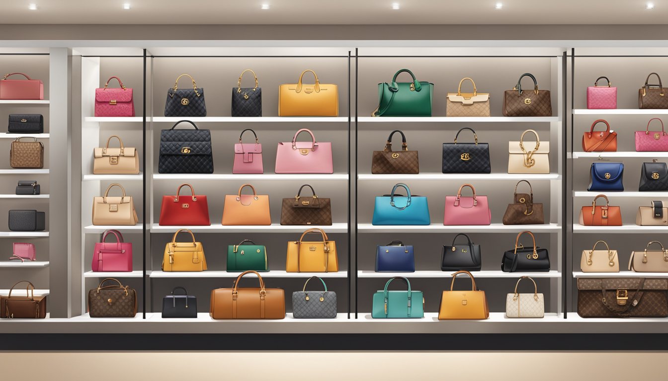 A display of iconic handbag brands, including Chanel, Louis Vuitton, and Gucci, arranged on a sleek, modern shelf in a high-end boutique