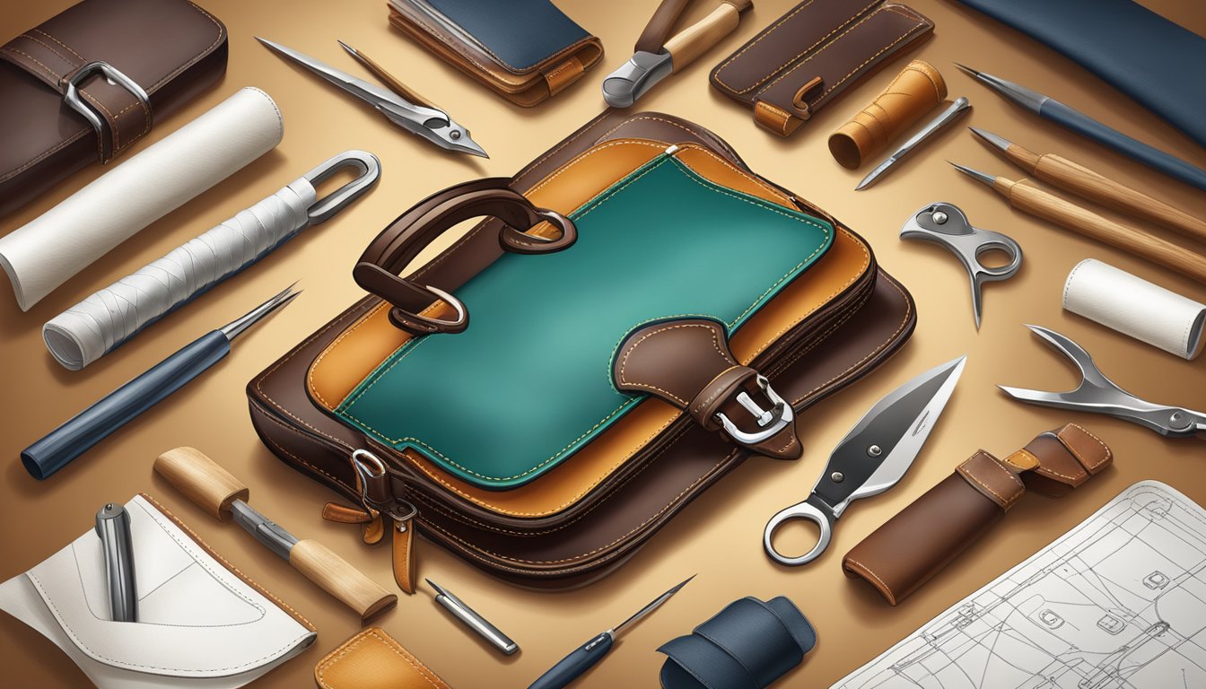 A skilled artisan meticulously hand-stitching fine leather pieces together to create a luxury bag, surrounded by high-quality materials and tools
