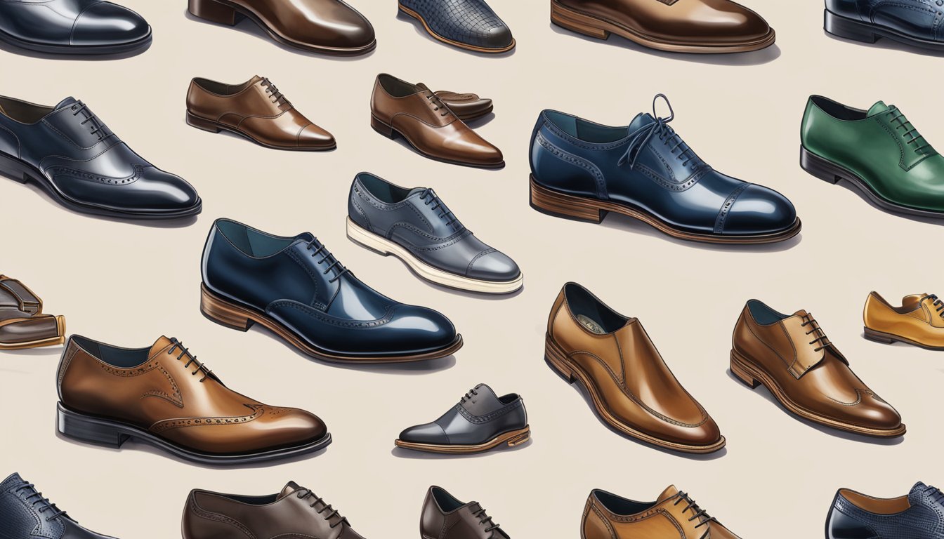 A display of iconic Italian men's shoe brands, featuring elegant designs and high-quality craftsmanship