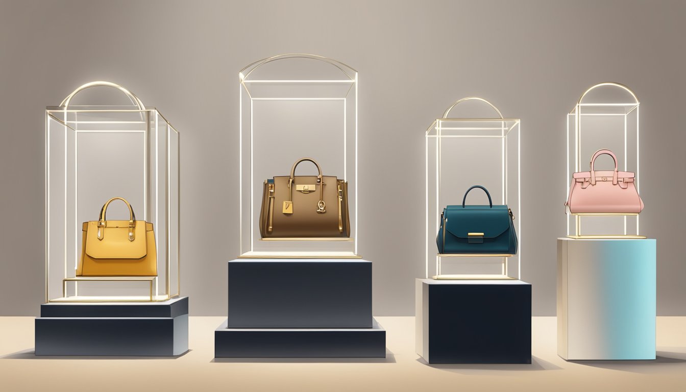 Luxury bags showcased on elegant pedestals, surrounded by sparkling lights and adorned with price tags. Visitors admire the craftsmanship and timeless designs