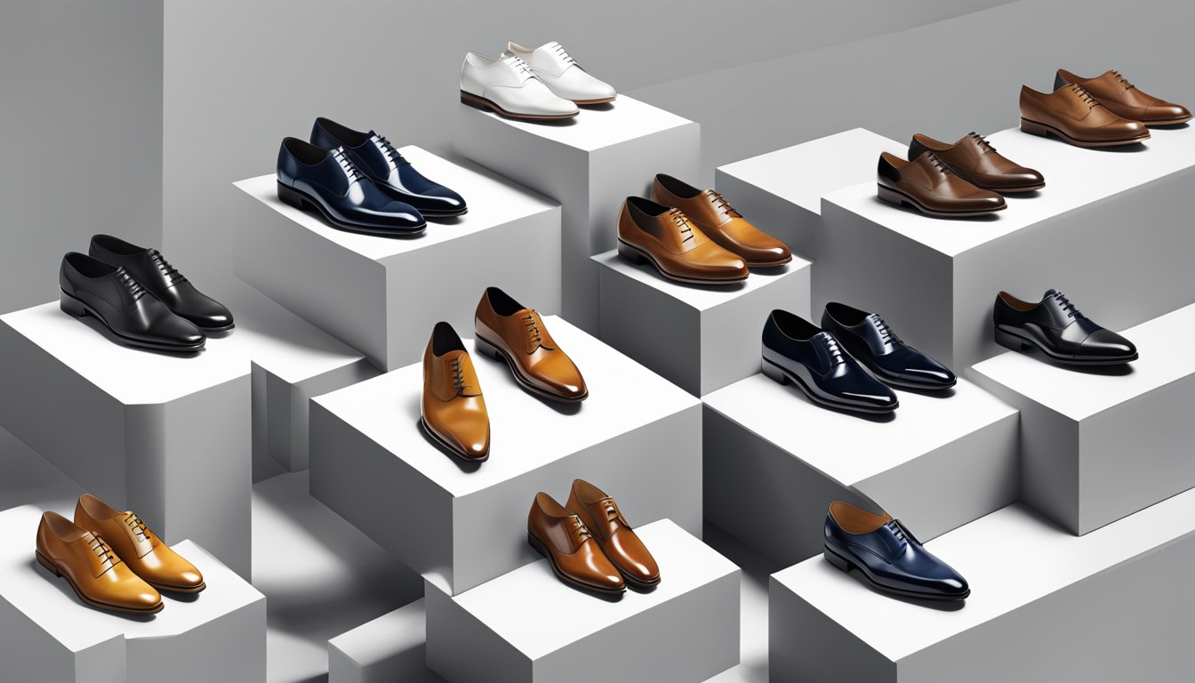 Italian men's shoe brands showcased in a modern, minimalist display with sleek, polished designs and high-quality materials