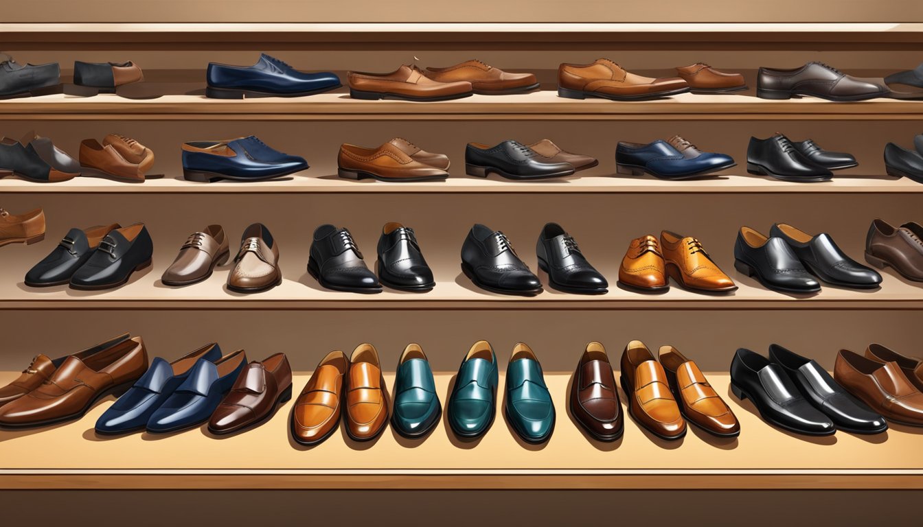 Italian men's shoes displayed on a polished wooden shelf, including sleek leather loafers, classic brogues, and stylish suede boots from renowned Italian brands