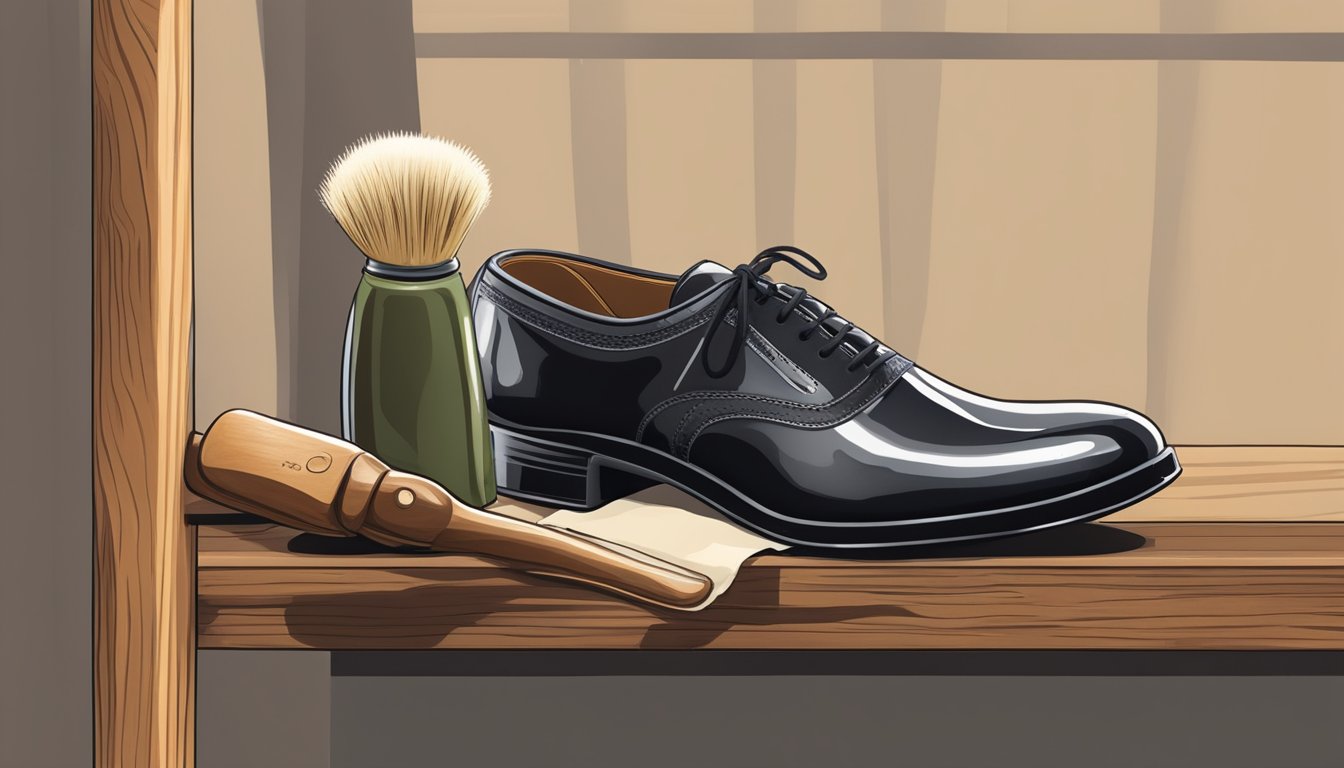 A well-worn Italian shoe sits on a polished wooden shoe rack, surrounded by a soft-bristled brush, leather conditioner, and a cloth for buffing