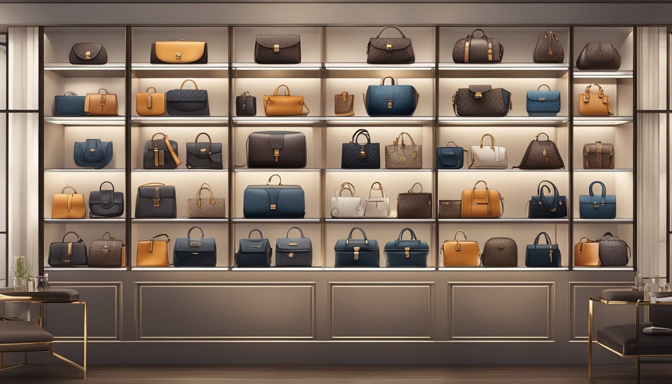 High-end bags displayed on sleek shelves, with elegant logos and intricate details. Function meets fashion in a luxurious setting