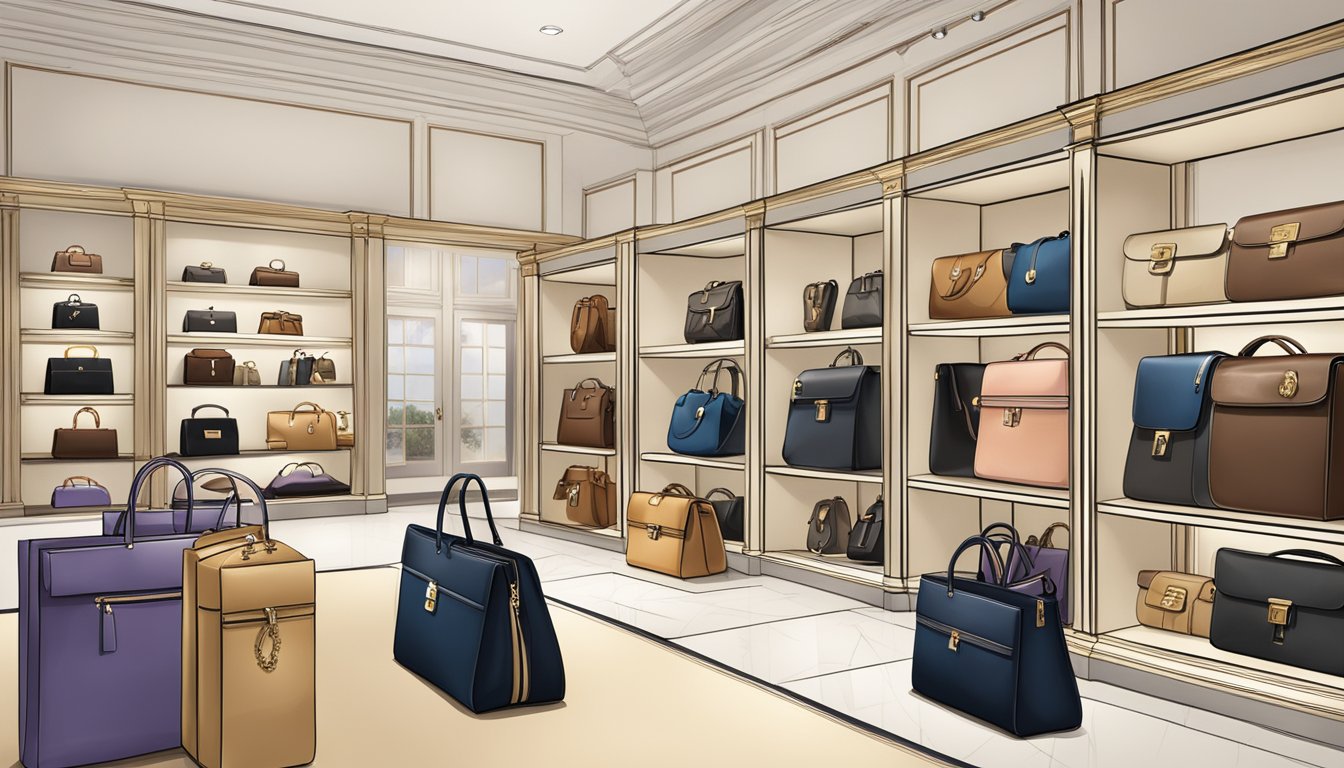 A display of luxury bags with "Frequently Asked Questions" banners and logos, showcasing renowned brand names in a stylish setting